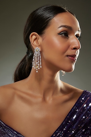 White Finish Swarovski Zircon Chandelier Dangler Earrings In Sterling Silver by Diosa Paris Jewellery