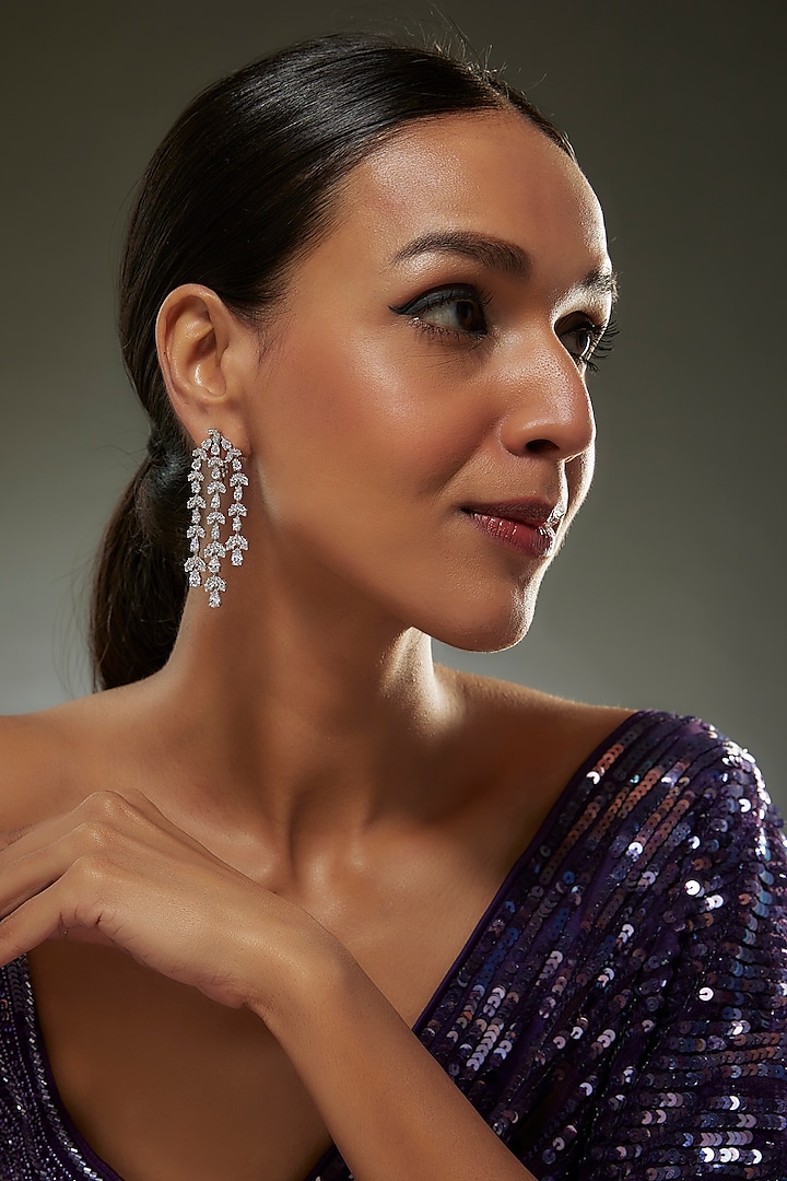 White Finish Swarovski Zircon Chandelier Dangler Earrings In Sterling Silver by Diosa Paris Jewellery at Pernia's Pop Up Shop