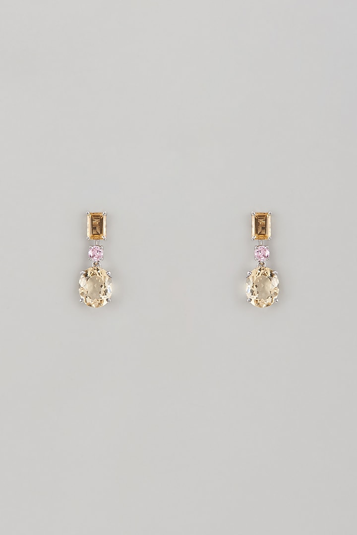 White Finish Yellow & Pink Swarovski Zircon Dangler Earrings In Sterling Silver by Diosa Paris Jewellery at Pernia's Pop Up Shop