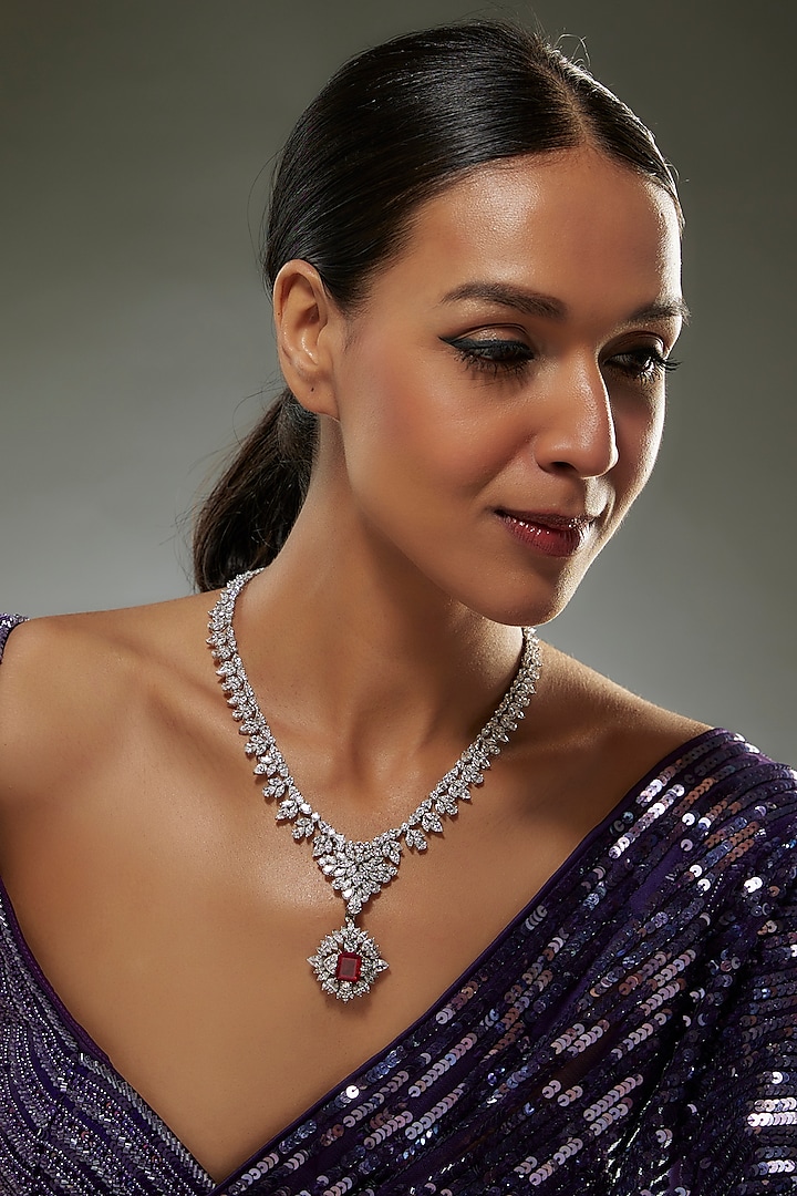 White Finish Swarovski Zircon & Red Stone Necklace In Sterling Silver by Diosa Paris Jewellery