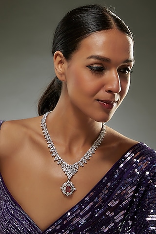 White Finish Swarovski Zircon & Red Stone Necklace In Sterling Silver by Diosa Paris Jewellery