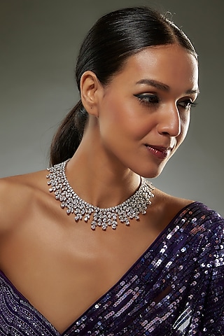White Finish Swarovski Zircon Necklace In Sterling Silver by Diosa Paris Jewellery