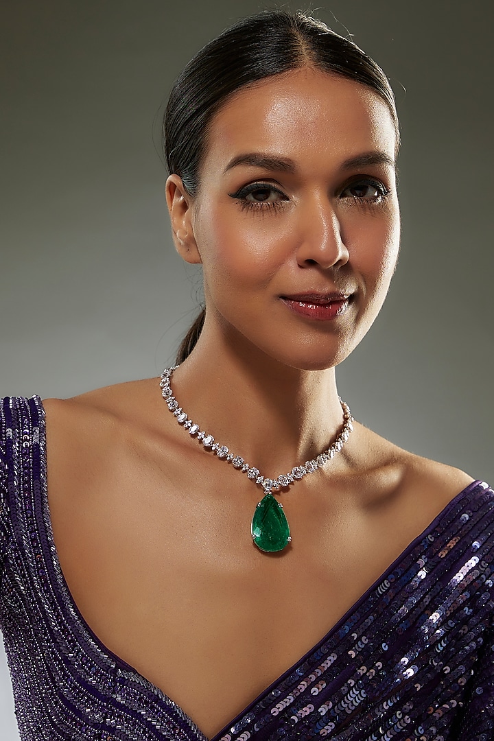 White Finish Swarovski Zircon & Emerald Synthetic Stone Necklace In Sterling Silver by Diosa Paris Jewellery
