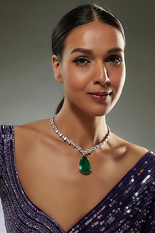 White Finish Swarovski Zircon & Emerald Synthetic Stone Necklace In Sterling Silver by Diosa Paris Jewellery