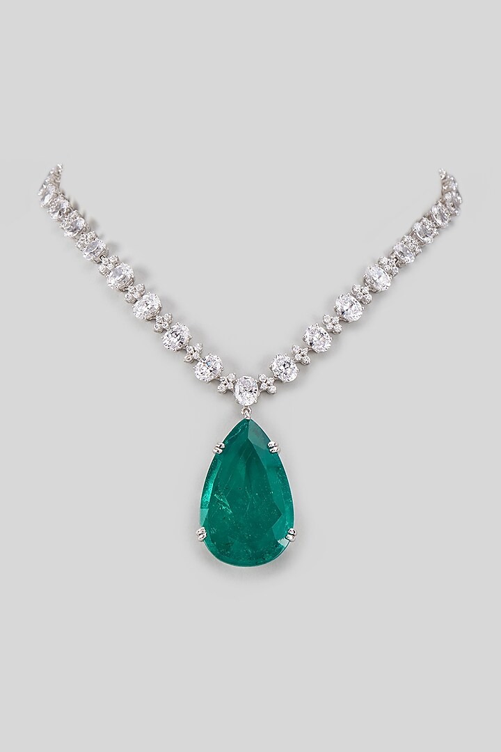 White Finish Swarovski Zircon & Emerald Synthetic Stone Necklace In Sterling Silver by Diosa Paris Jewellery at Pernia's Pop Up Shop