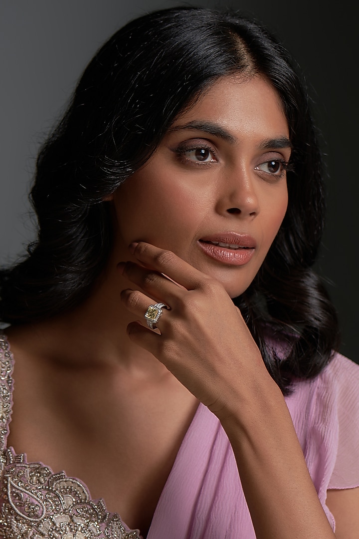 White Finish Yellow Emerald Cut & Swarovski Zirconia Ring In Sterling Silver by Diosa Paris Jewellery at Pernia's Pop Up Shop