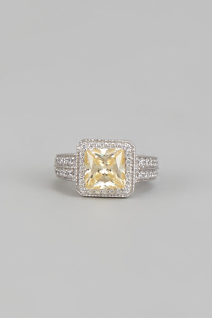White Finish Yellow Emerald Cut & Swarovski Zirconia Ring In Sterling Silver by Diosa Paris Jewellery at Pernia's Pop Up Shop