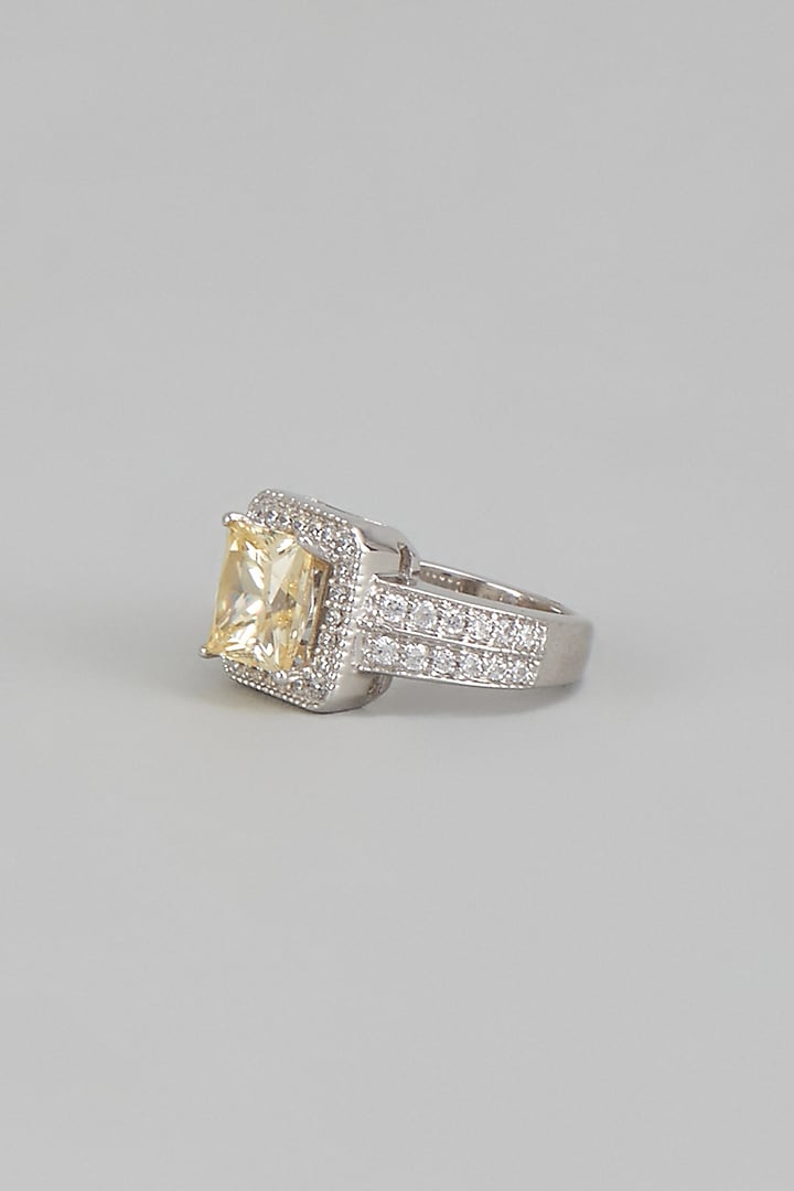 White Finish Yellow Emerald Cut & Swarovski Zirconia Ring In Sterling Silver by Diosa Paris Jewellery at Pernia's Pop Up Shop