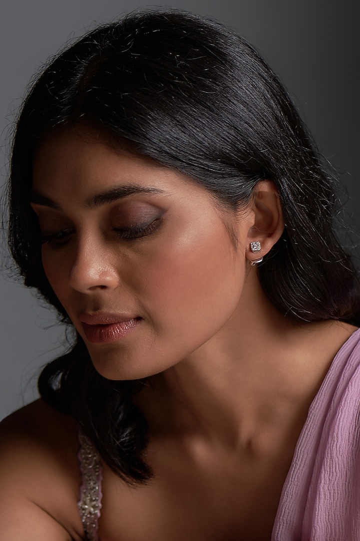 White Finish Octagon Cut Swarovski Zirconia Stud Earrings In Sterling Silver by Diosa Paris Jewellery at Pernia's Pop Up Shop