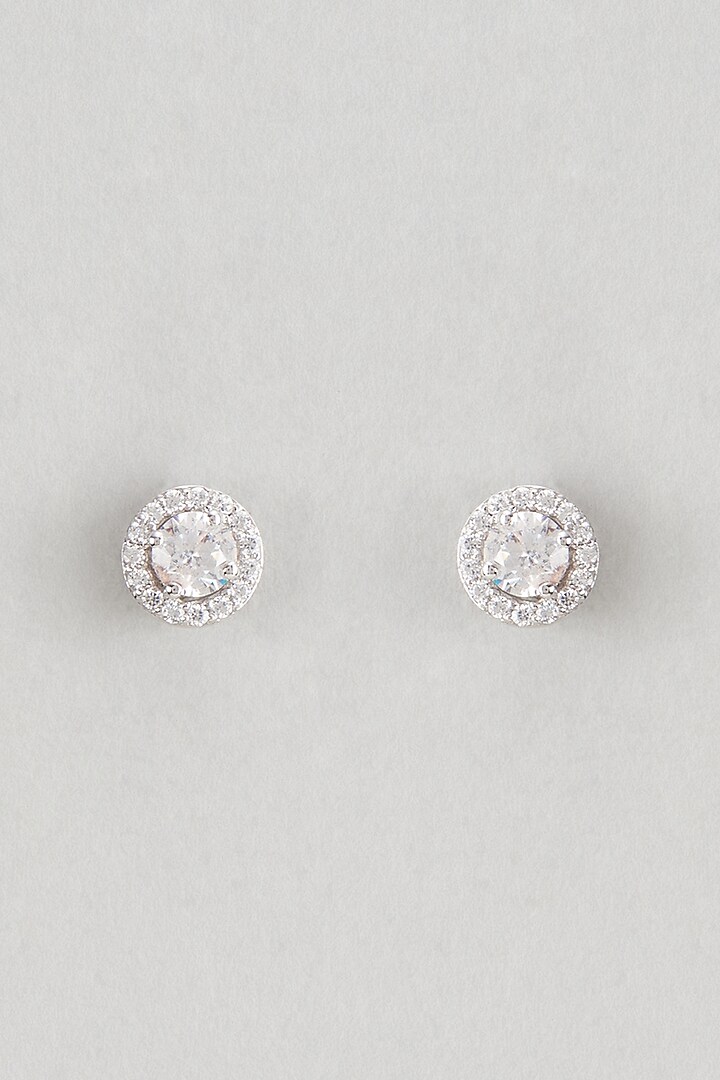 White Finish Round Cut Swarovski Zirconia Stud Earrings In Sterling Silver by Diosa Paris Jewellery at Pernia's Pop Up Shop