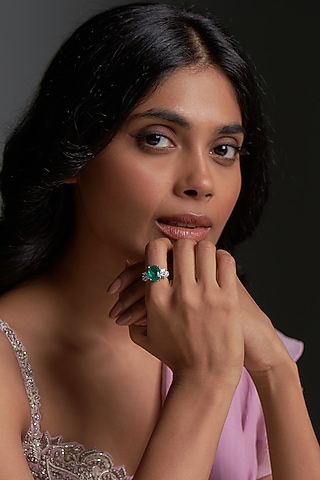 White Finish Emerald & Swarovski Zirconia Ring In Sterling Silver by Diosa Paris Jewellery