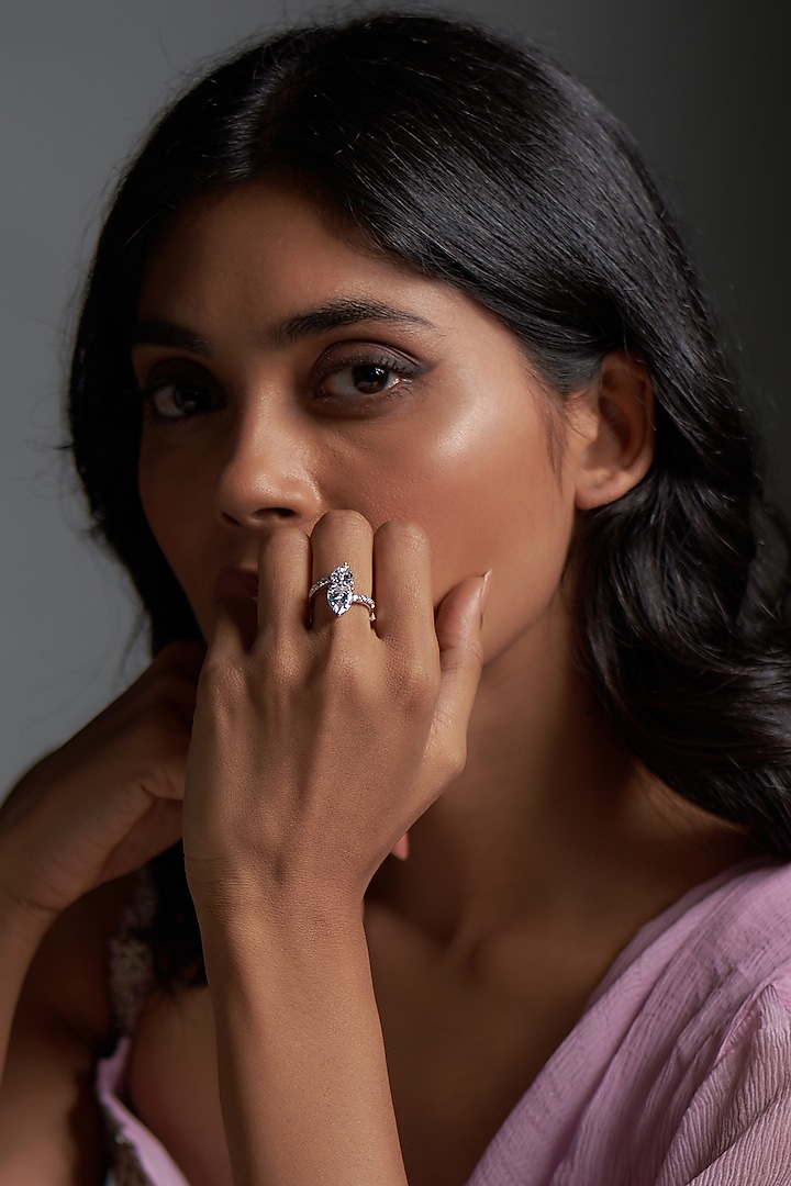 White Finish Swarovski Zirconia Ring In Sterling Silver by Diosa Paris Jewellery at Pernia's Pop Up Shop