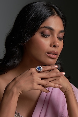 White Finish Sapphire & Swarovski Zirconia Ring In Sterling Silver by Diosa Paris Jewellery