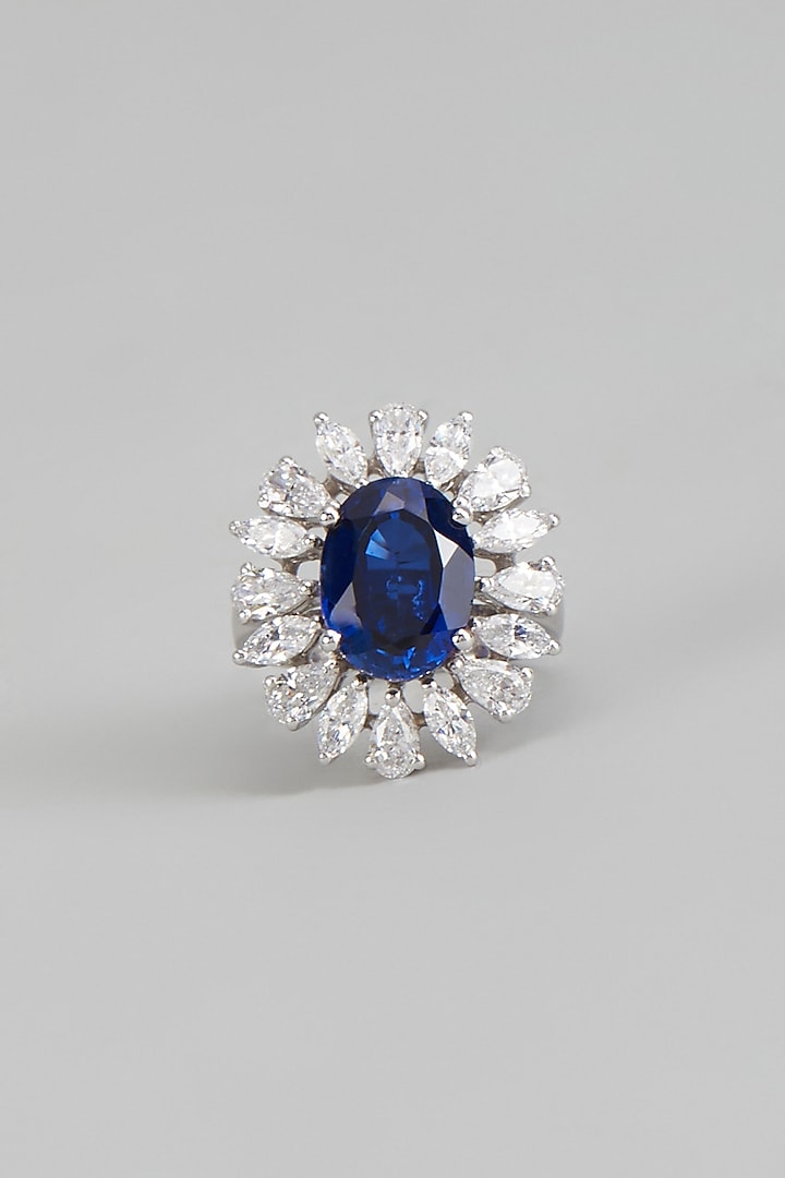 White Finish Sapphire & Swarovski Zirconia Ring In Sterling Silver by Diosa Paris Jewellery at Pernia's Pop Up Shop
