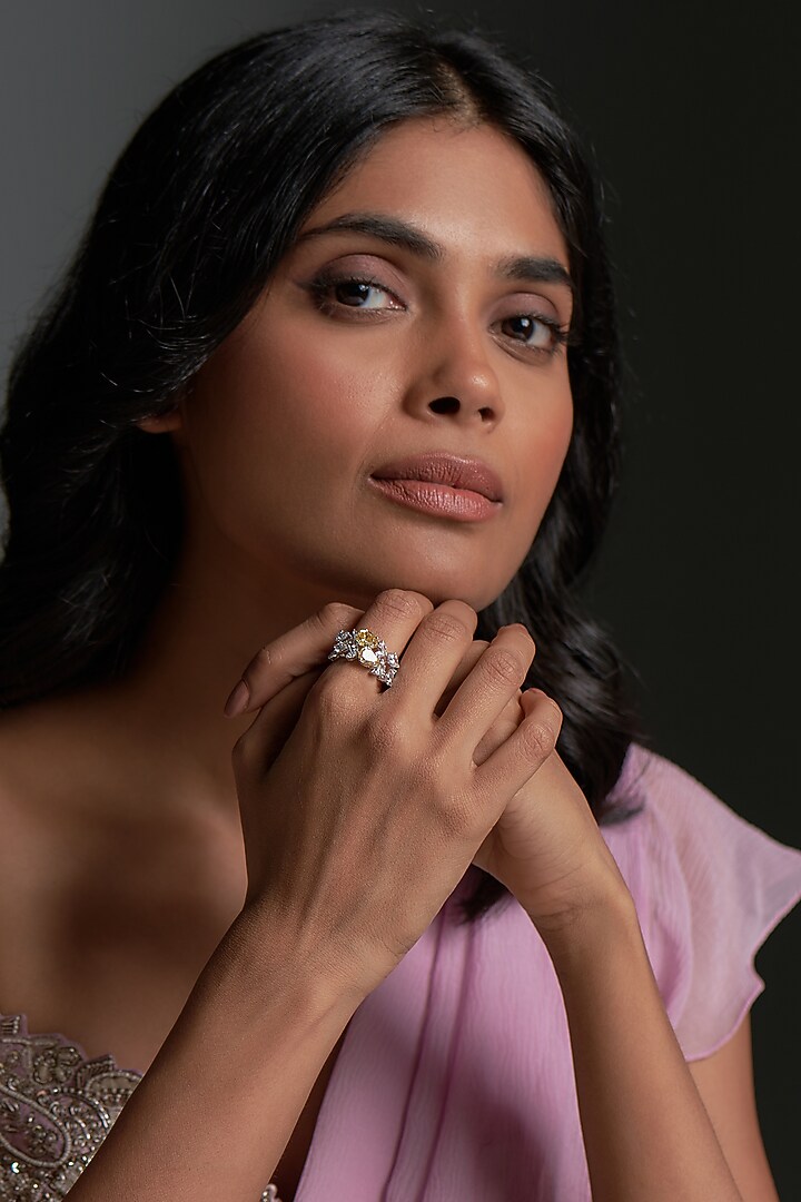 White Finish Yellow Pear Shaped Swarovski Zirconia Ring In Sterling Silver by Diosa Paris Jewellery at Pernia's Pop Up Shop