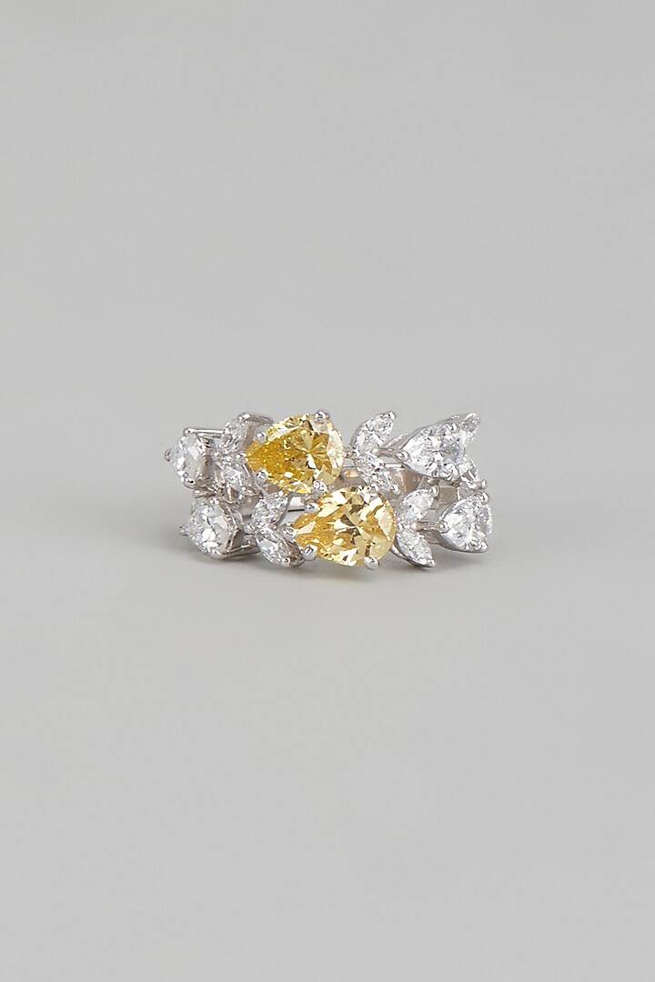 White Finish Yellow Pear Shaped Swarovski Zirconia Ring In Sterling Silver by Diosa Paris Jewellery at Pernia's Pop Up Shop