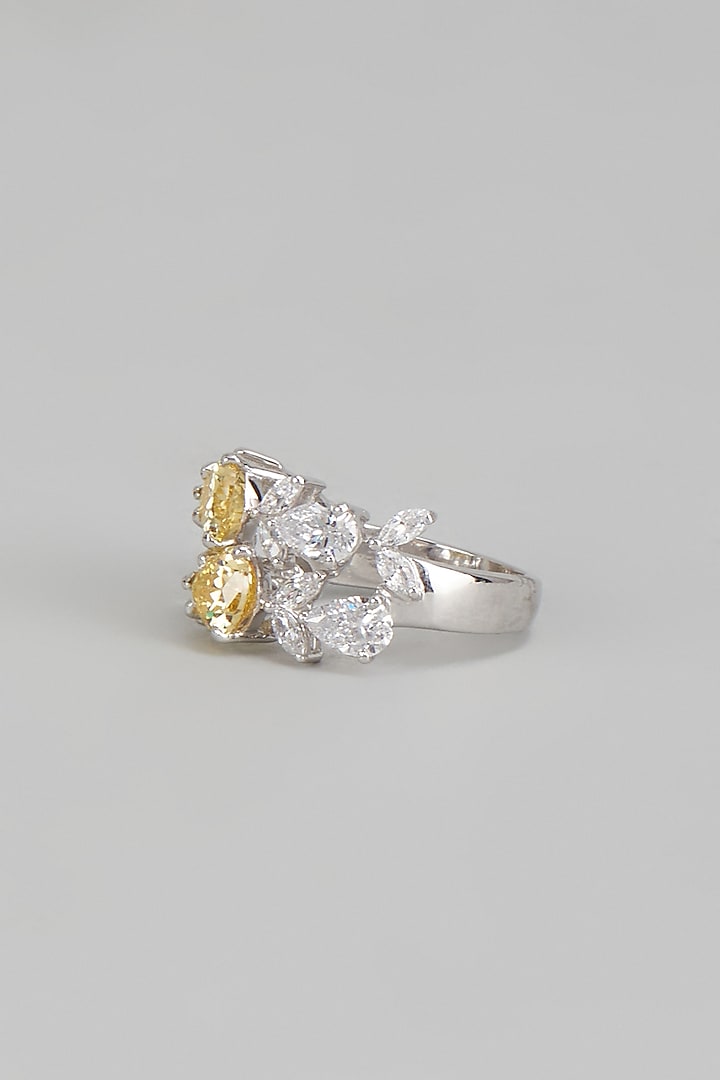 White Finish Yellow Pear Shaped Swarovski Zirconia Ring In Sterling Silver by Diosa Paris Jewellery at Pernia's Pop Up Shop