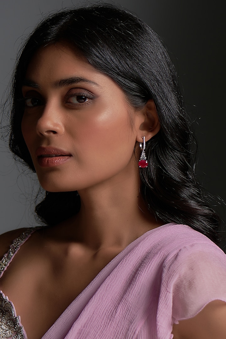 White Finish Ruby Synthetic & Swarovski Zirconia Dangler Earrings In Sterling Silver by Diosa Paris Jewellery at Pernia's Pop Up Shop