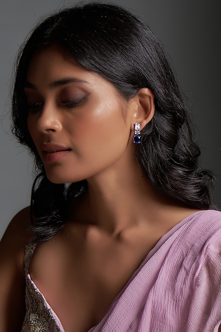 White Finish Sapphire Synthetic & Swarovski Zirconia Dangler Earrings In Sterling Silver by Diosa Paris Jewellery at Pernia's Pop Up Shop