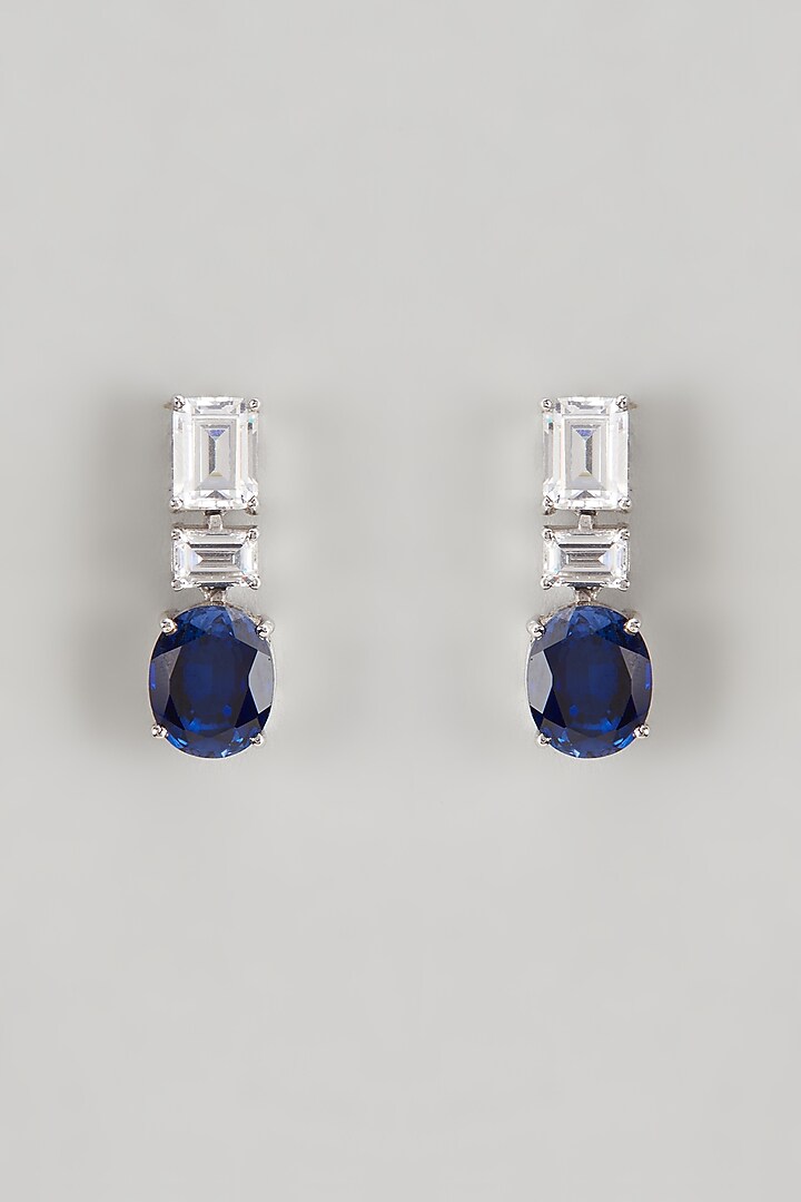White Finish Sapphire Synthetic & Swarovski Zirconia Dangler Earrings In Sterling Silver by Diosa Paris Jewellery at Pernia's Pop Up Shop