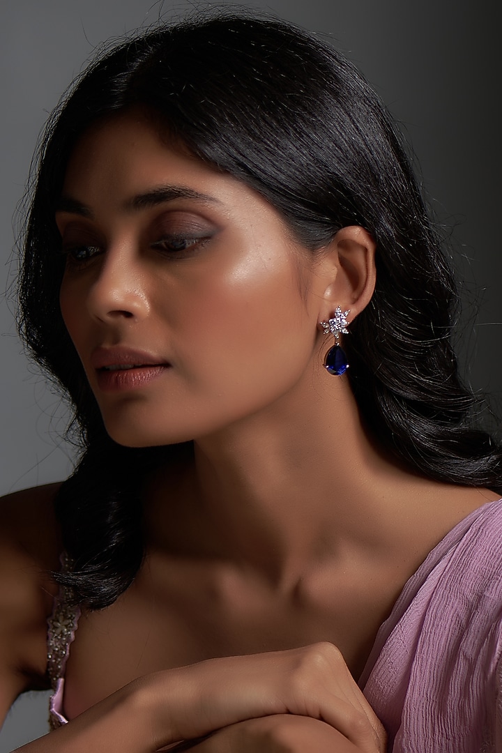 White Finish Sapphire Synthetic & Swarovski Zirconia Dangler Earrings In Sterling Silver by Diosa Paris Jewellery at Pernia's Pop Up Shop