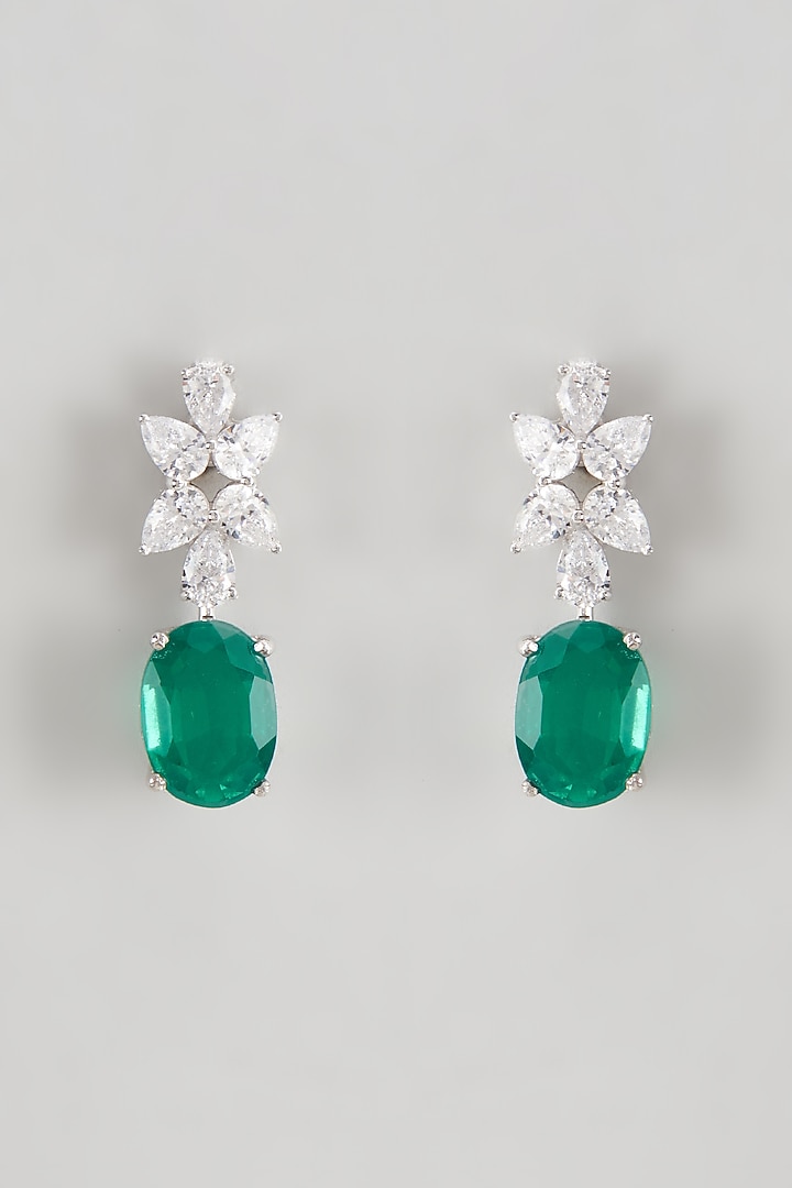 White Finish Emerald Synthetic & Swarovski Zirconia Dangler Earrings In Sterling Silver by Diosa Paris Jewellery at Pernia's Pop Up Shop