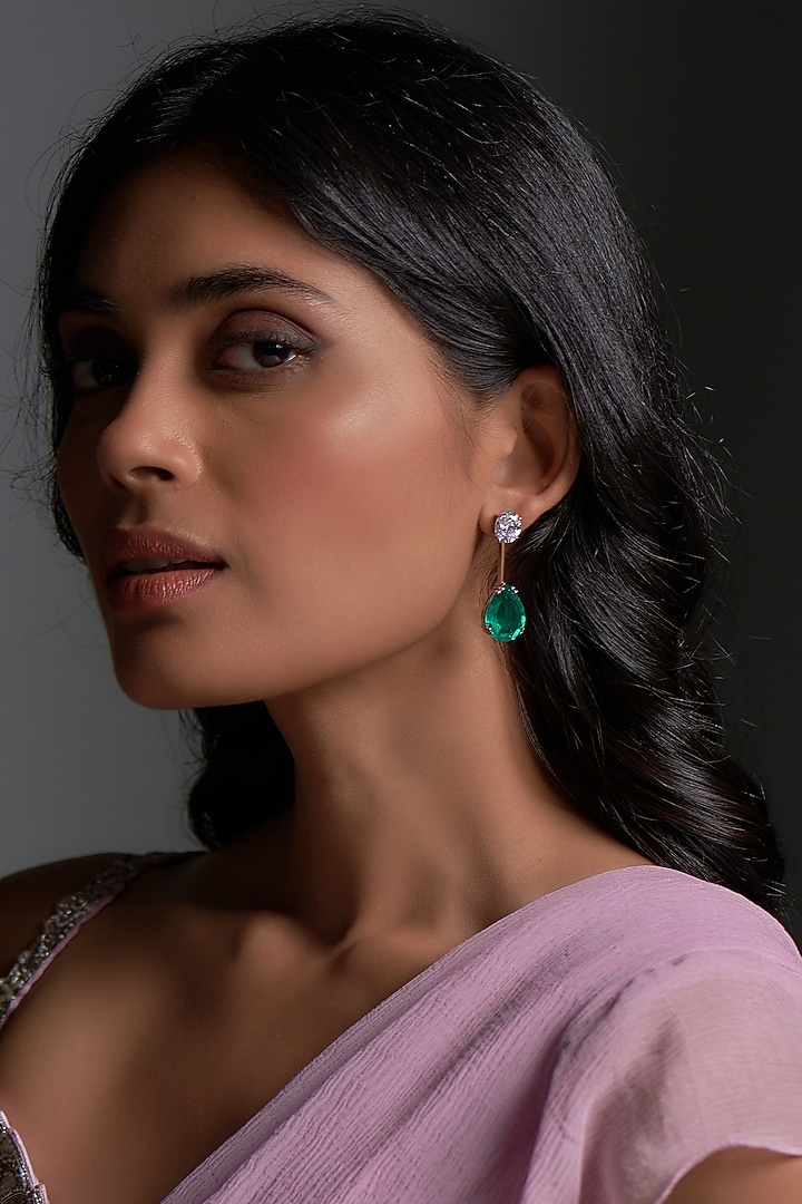 White Finish Emerald Synthetic & Swarovski Zirconia Dangler Earrings In Sterling Silver by Diosa Paris Jewellery at Pernia's Pop Up Shop