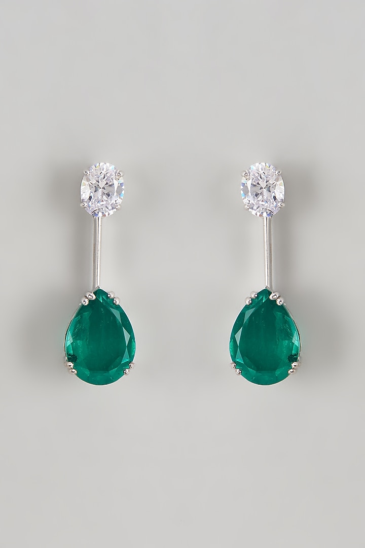 White Finish Emerald Synthetic & Swarovski Zirconia Dangler Earrings In Sterling Silver by Diosa Paris Jewellery at Pernia's Pop Up Shop