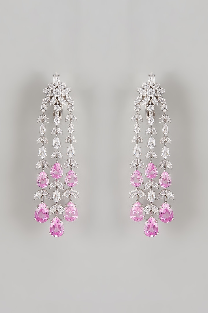 White Finish Pink Swarovski Zirconia Dangler Earrings In Sterling Silver by Diosa Paris Jewellery at Pernia's Pop Up Shop