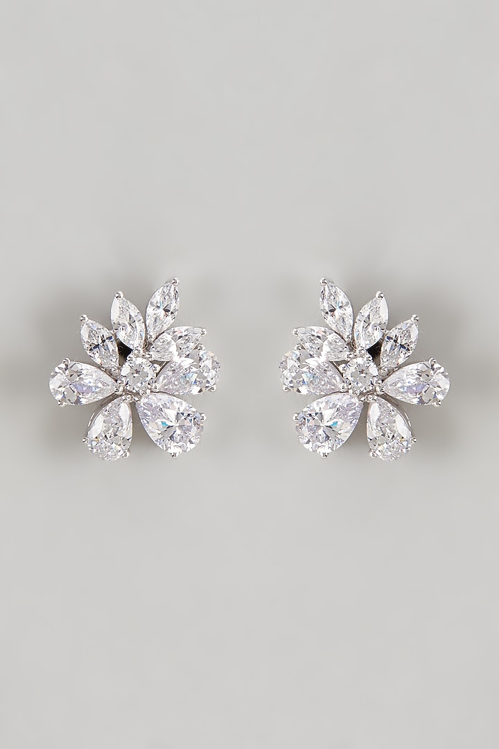 White Finish Swarovski Zirconia Stud Earrings In Sterling Silver by Diosa Paris Jewellery at Pernia's Pop Up Shop