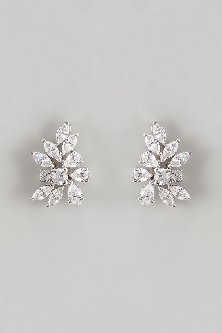 White Finish Swarovski Zirconia Stud Earrings In Sterling Silver by Diosa Paris Jewellery at Pernia's Pop Up Shop