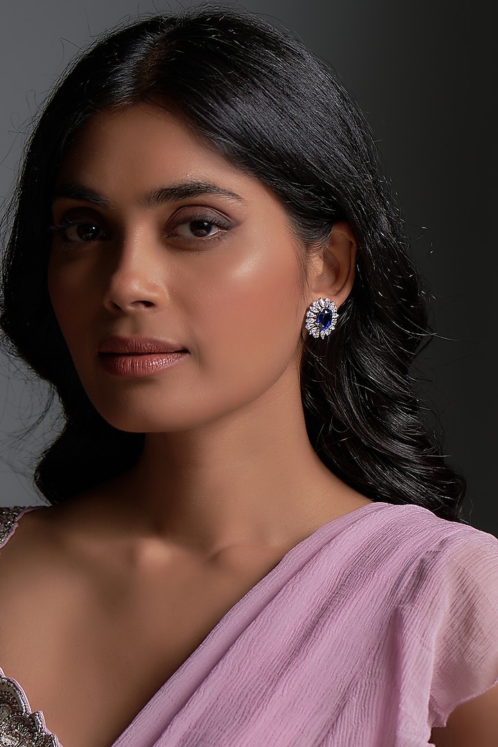 White Finish Sapphire Synthetic & Swarovski Zirconia Stud Earrings In Sterling Silver by Diosa Paris Jewellery