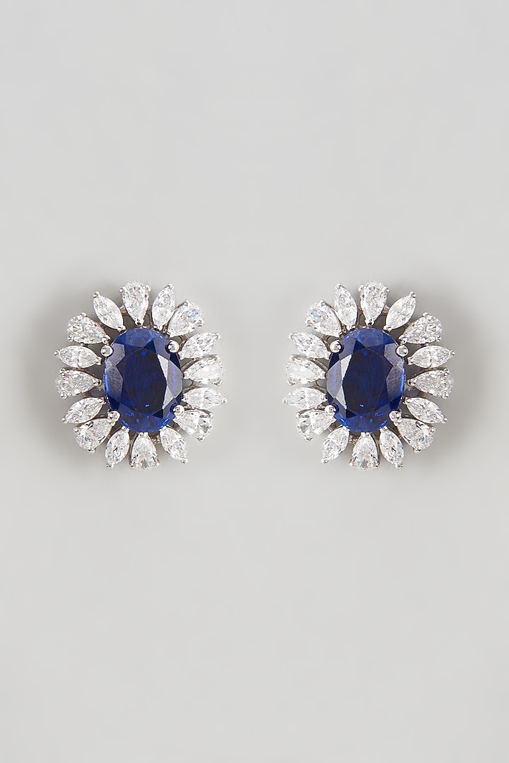White Finish Sapphire Synthetic & Swarovski Zirconia Stud Earrings In Sterling Silver by Diosa Paris Jewellery at Pernia's Pop Up Shop