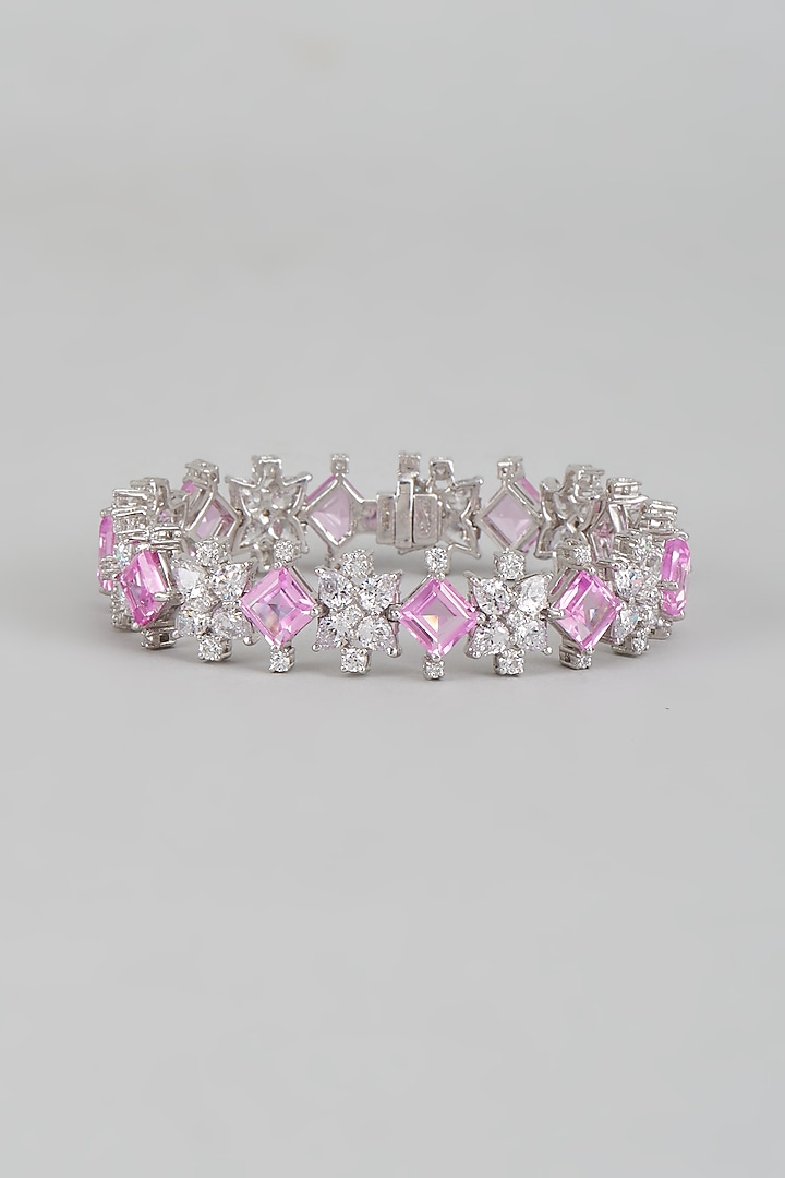 White Finish Pink Swarovski Zirconia Cuff Bracelet In Sterling Silver by Diosa Paris Jewellery at Pernia's Pop Up Shop