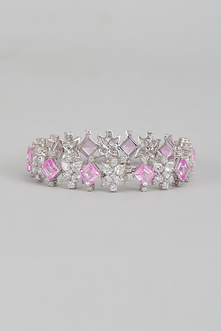 White Finish Pink Swarovski Zirconia Cuff Bracelet In Sterling Silver by Diosa Paris Jewellery at Pernia's Pop Up Shop
