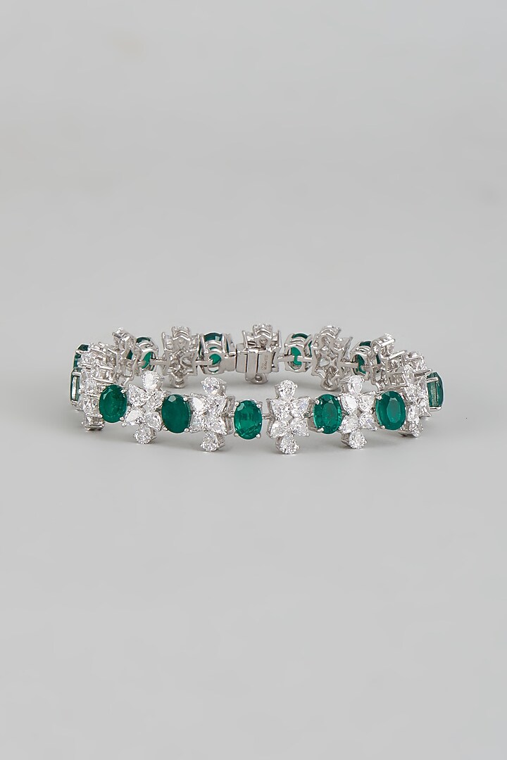 White Finish Emerald Synthetic & Swarovski Zirconia Tennis Bracelet In Sterling Silver by Diosa Paris Jewellery at Pernia's Pop Up Shop