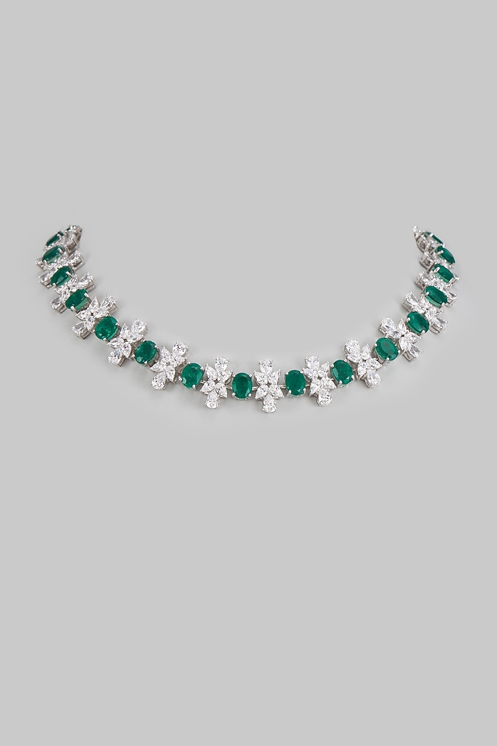 White Finish Emerald Synthetic & Swarovski Zirconia Choker Necklace In Sterling Silver by Diosa Paris Jewellery at Pernia's Pop Up Shop