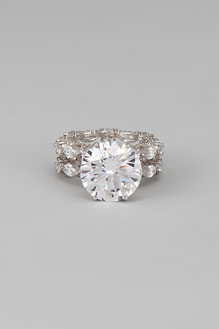 White Finish Swarovski Zircon Round Cut Ring In Sterling Silver by Diosa Paris Jewellery at Pernia's Pop Up Shop