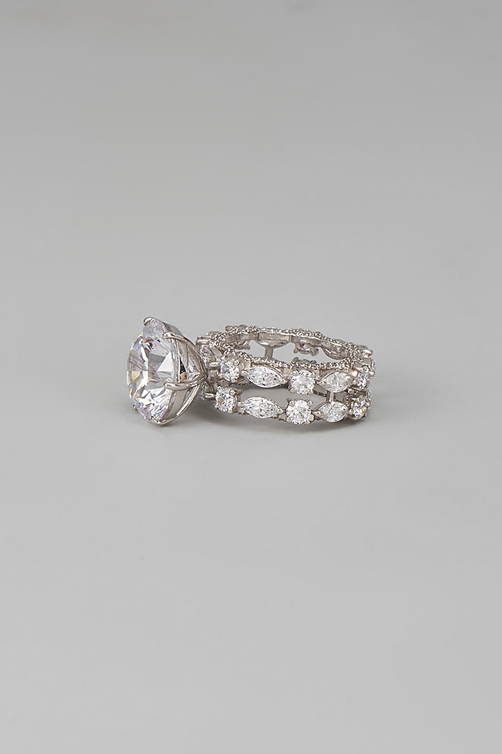 White Finish Swarovski Zircon Round Cut Ring In Sterling Silver by Diosa Paris Jewellery at Pernia's Pop Up Shop