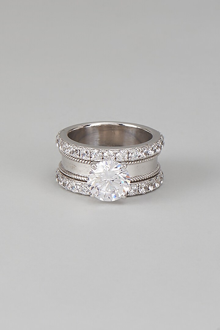 White Finish Swarovski Zircon Round Cut Ring In Sterling Silver by Diosa Paris Jewellery at Pernia's Pop Up Shop