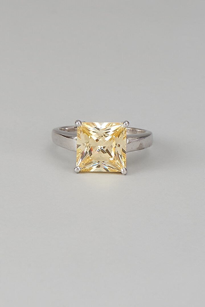 White Finish Swarovski Zircon Princess Shaped Ring In Sterling Silver by Diosa Paris Jewellery at Pernia's Pop Up Shop