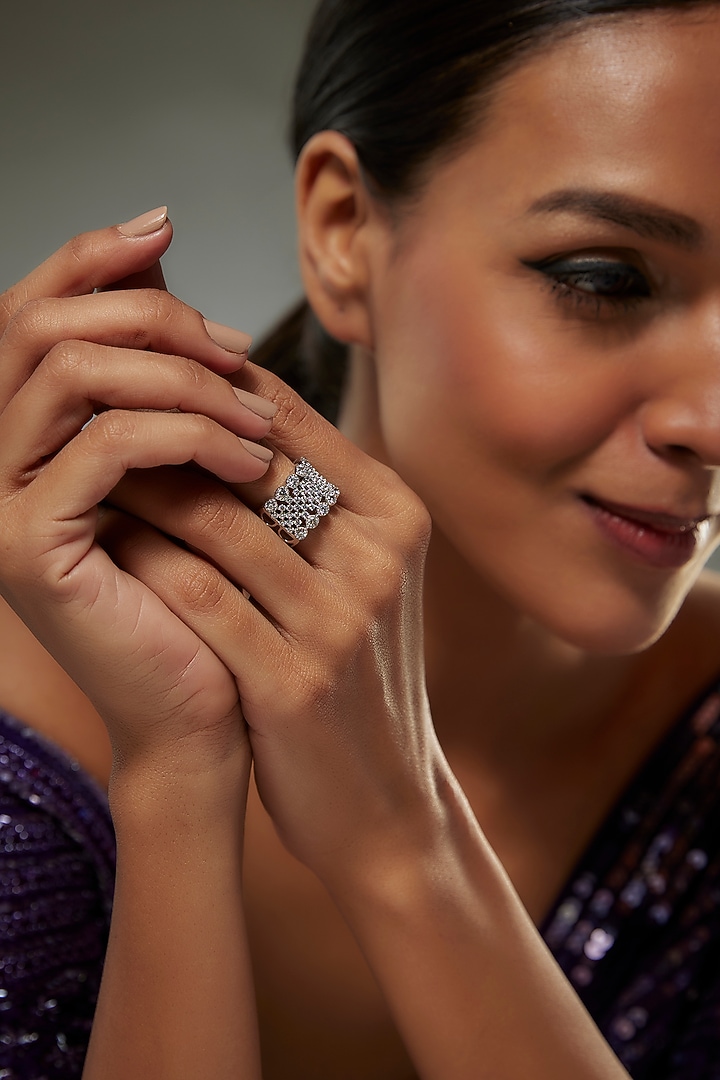 White Finish Swarovski Zircon Mix Cut Ring In Sterling Silver by Diosa Paris Jewellery at Pernia's Pop Up Shop
