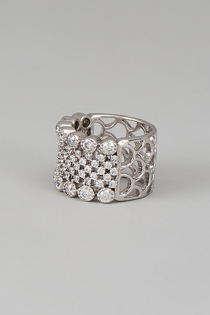 White Finish Swarovski Zircon Mix Cut Ring In Sterling Silver by Diosa Paris Jewellery at Pernia's Pop Up Shop