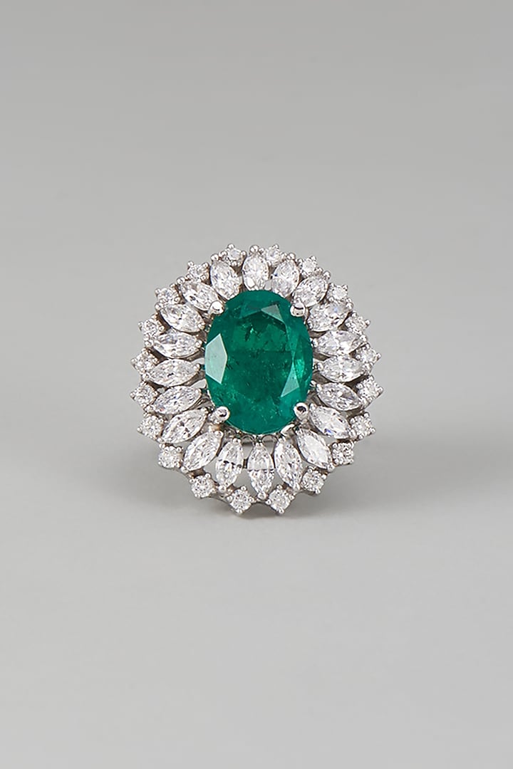 White Finish Swarovski Zircon & Emerald Synthetic Stone Ring In Sterling Silver by Diosa Paris Jewellery at Pernia's Pop Up Shop
