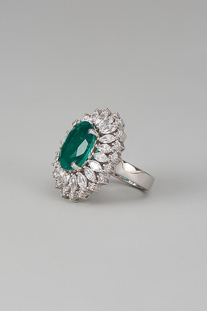 White Finish Swarovski Zircon & Emerald Synthetic Stone Ring In Sterling Silver by Diosa Paris Jewellery at Pernia's Pop Up Shop