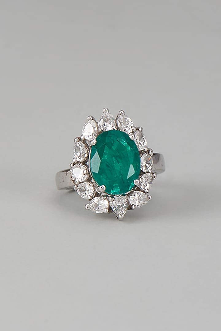 White Finish Swarovski Zircon & Emerald Synthetic Stone Ring In Sterling Silver by Diosa Paris Jewellery at Pernia's Pop Up Shop
