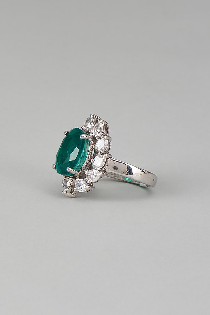 White Finish Swarovski Zircon & Emerald Synthetic Stone Ring In Sterling Silver by Diosa Paris Jewellery at Pernia's Pop Up Shop