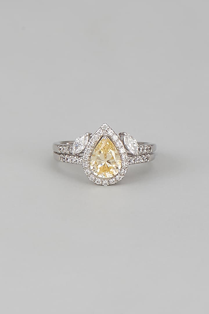 White Finish Swarovski Zircon Pear Shaped Ring In Sterling Silver by Diosa Paris Jewellery at Pernia's Pop Up Shop