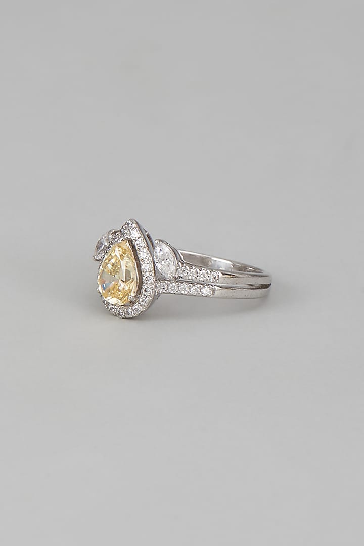White Finish Swarovski Zircon Pear Shaped Ring In Sterling Silver by Diosa Paris Jewellery at Pernia's Pop Up Shop