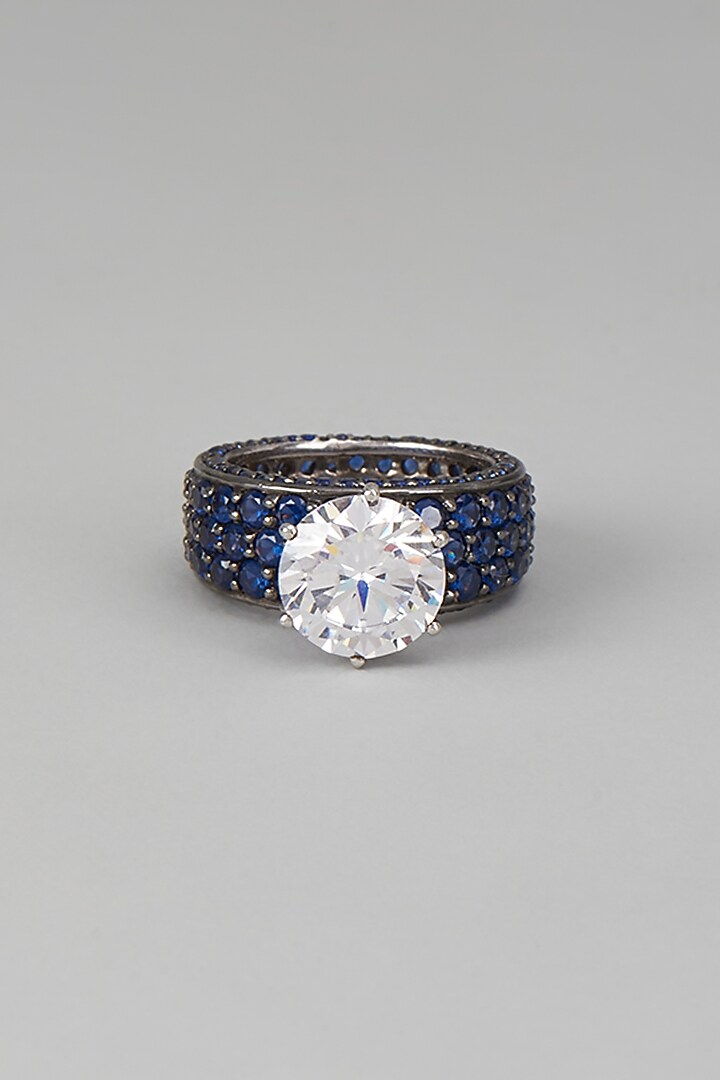 White Finish Blue & White Swarovski Zircon Ring In Sterling Silver by Diosa Paris Jewellery at Pernia's Pop Up Shop